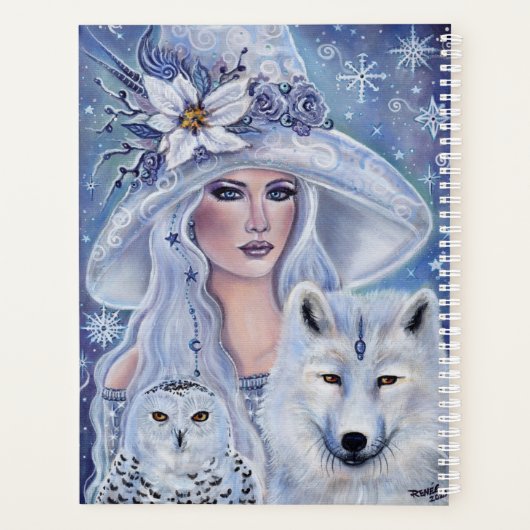 Witte heks met wolf- en uilkunst van Renee Lavoie Planner (Achterkant)