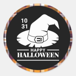 Witte Heksenhoed Halloween Zwart/Oranje Geruit Ronde Sticker