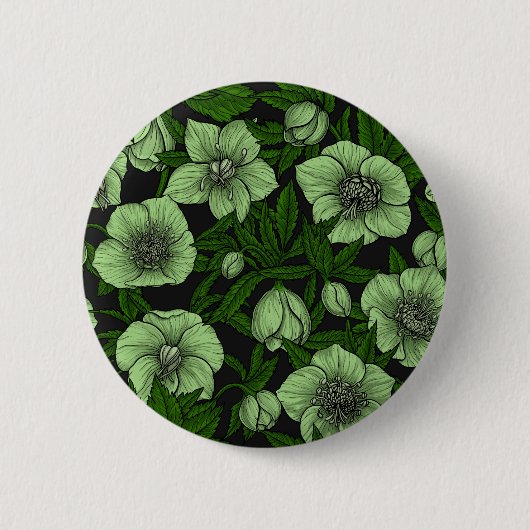 Witte Hellebores met bladeren Ronde Button 5,7 Cm (Voorkant)