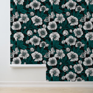 Witte Hellebores met blauwe bladeren Behang