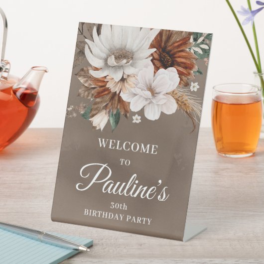 Witte Herfst Bloemen 30e Verjaardag Reclamebord Met Voetstuk (Insitu)