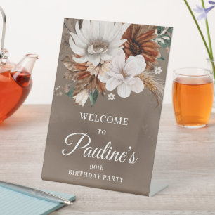 Witte Herfst Bloemen 90ste Verjaardag Reclamebord Met Voetstuk