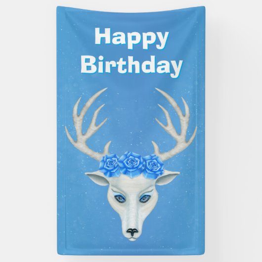 Witte Herten Hoofd Grote Antlers Blauwe Rozen Verj Spandoek (Verticaal)