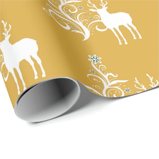 Witte herten met gestileerde boom in goud en wit cadeaupapier (Rol Hoek)