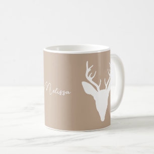 Witte hertenkop Silhouet op Beige & Aangepaste naa Koffiemok