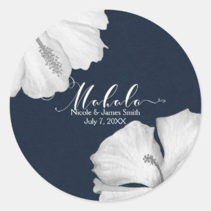 Witte Hibiscus Blauw Tropische Bruiloft Favor Maha Ronde Sticker