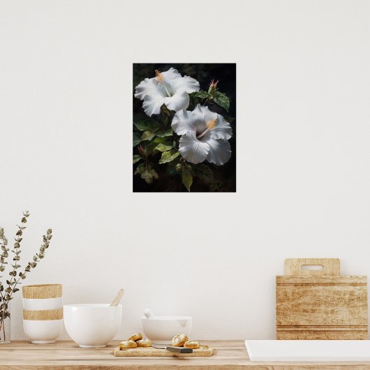 Witte Hibiscus Bloemen Art Print Poster (Keuken)