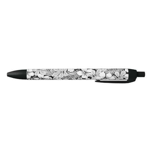 Witte hibiscus en palmbladeren zwarte inkt pen (Bodem)