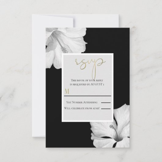 Witte Hibiscus Zwart Tropische bruiloft RSVP React Kaart (Voorkant)