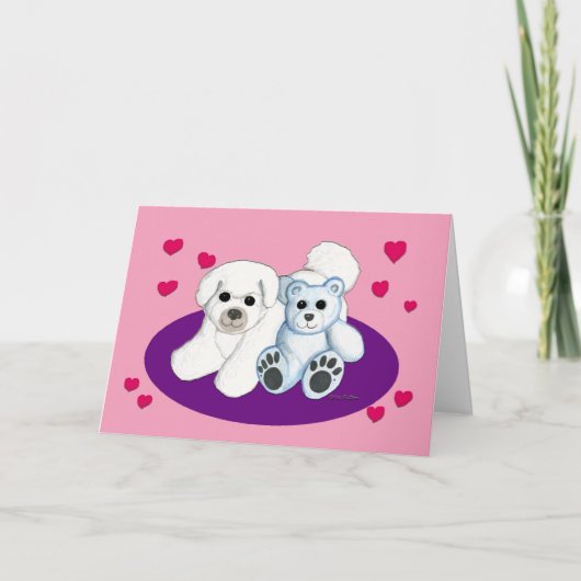 Witte Hond en Teddy Valentijn Feestdagen Kaart (Voorkant)