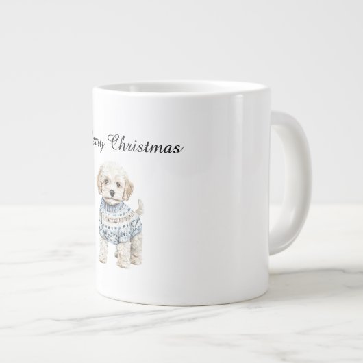 Witte hond in blauwe trui Kerstmis Extra Grote Beker (Voorkant rechts)