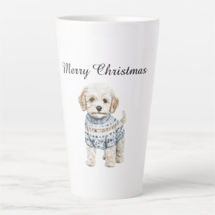 Witte hond in blauwe trui Kerstmis Latte Mok