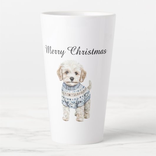 Witte hond in blauwe trui Kerstmis Latte Mok (Voorkant)