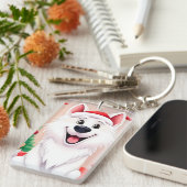 Witte hond in kerstmuts sleutelhanger (Voorkant Rechts)