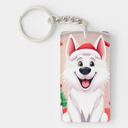 Witte hond in kerstmuts sleutelhanger (Voorkant)