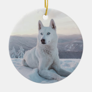 Witte hondje in de sneeuw keramisch ornament