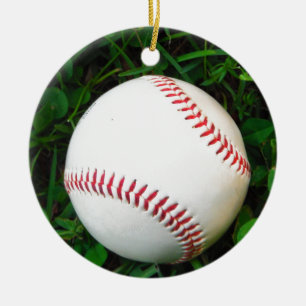 Witte honkbal met rood getikt keramisch ornament