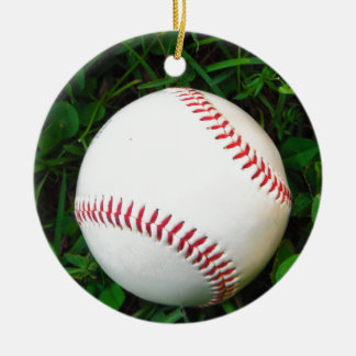 Witte honkbal met rood getikt keramisch ornament