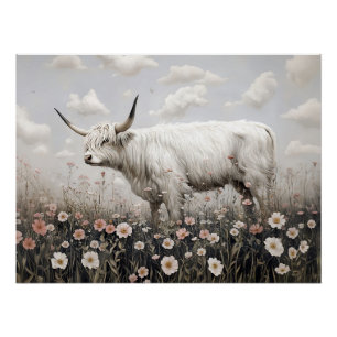 Witte Hoogland Koe Roze Wildflowers Schilderij Perfect Poster