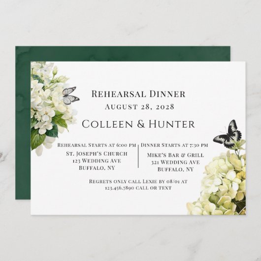 Witte Hortensia Bloem Vlinder Proefdinermaal Kaart (Voorkant / Achterkant)