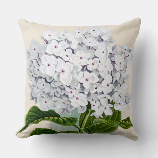 Witte Hortensia Botanische Print Kussen (Voorkant)