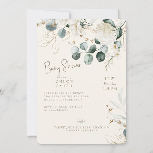 Witte hortensia eucalyptus crème Baby shower Kaart (Voorkant)
