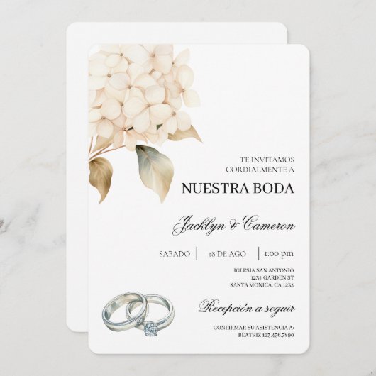 Witte Hortensia met ring Spaanse bruiloft Kaart (Voorkant / Achterkant)