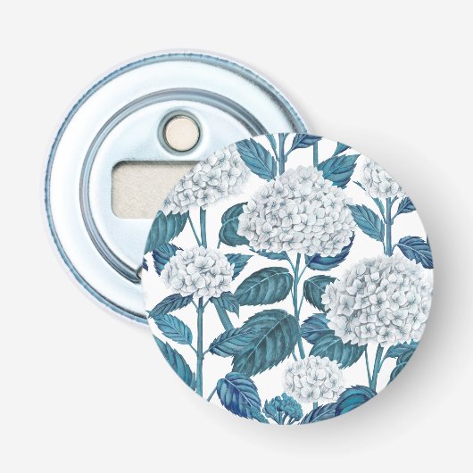 Witte hortensia waterverf button flesopener (Voorkant)