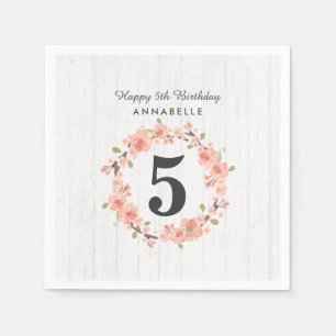 Witte hout & perzik bloemenkrans Gelukkige Verjaar Servet