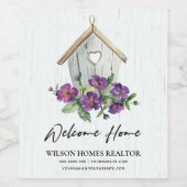 WITTE HOUTEN BLOEMEN VOGELHUIS WELKOM THUIS REALTO WIJN ETIKET (Enkel label)