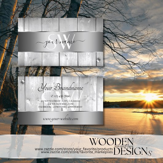Witte Houten Boards Houten Korrel en Monogram Zilv Visitekaartje