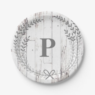 Witte Houten Landelijke Boerderij Monogram Bruilof Papieren Bordje