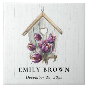 Witte Houten Rustieke Paarse Tulp Bloemen Vogelhui Tegeltje