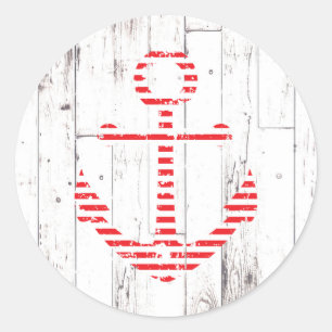 Witte houtpartij (Nautical Anchor Red Stripes) Ronde Sticker