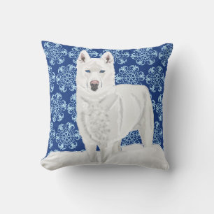 Witte Husky tegen Sneeuwvlokken en donkerblauwe lu Kussen