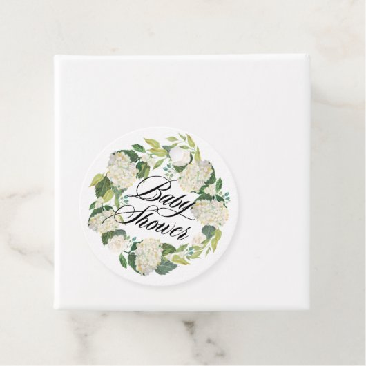 Witte Hydrangea Bloemen Krans Baby shower Bedankjes Labels (In situ)