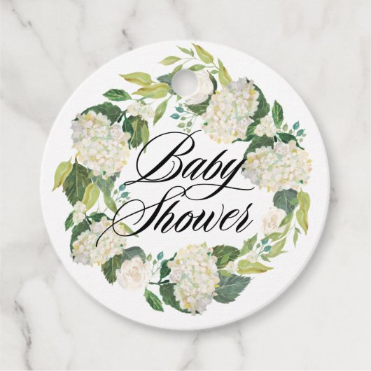 Witte Hydrangea Bloemen Krans Baby shower Bedankjes Labels (Voorkant)