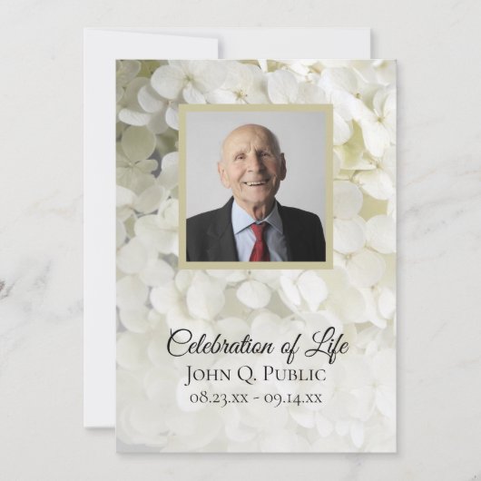 Witte Hydrangea Bloemenviering van het leven Begra Kaart (Voorkant)