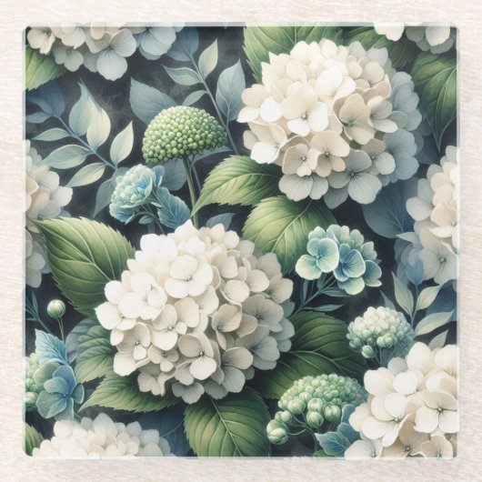 Witte Hydrangea Botanische Schilderij Glazen Onderzetter (Voorkant)