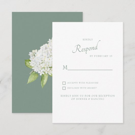 Witte Hydrangea Dark Sage Bruiloft RSVP Kaartje (Voorkant / Achterkant)