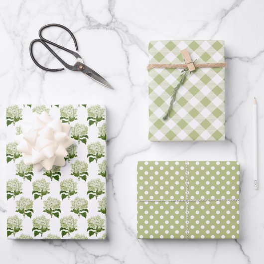 Witte Hydrangea Gingham en Polka Dot Patroon Inpakpapier Vel (Voorkant)