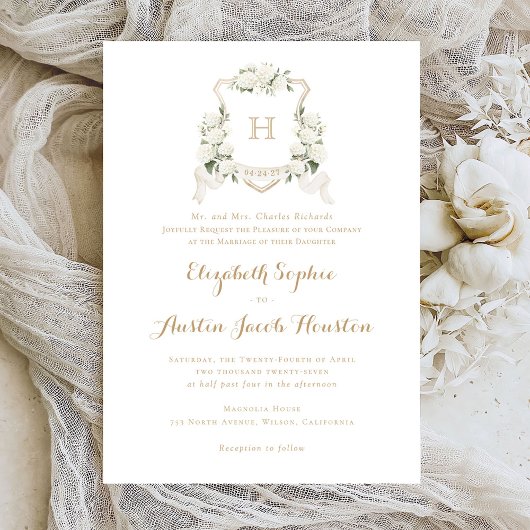 Witte Hydrangea Groene Krans Monogram Bruiloft Kaart