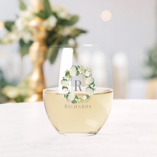 Witte Hydrangea krans Monogram Naam Wijnglas Zonder Voet (Insitu (Huwelijk))