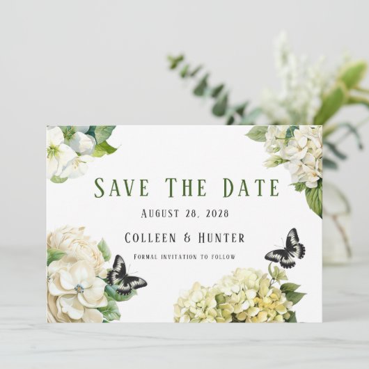 Witte Hydrangea vlinder bewaar de datumkaarten Kaart (Staand voorkant)