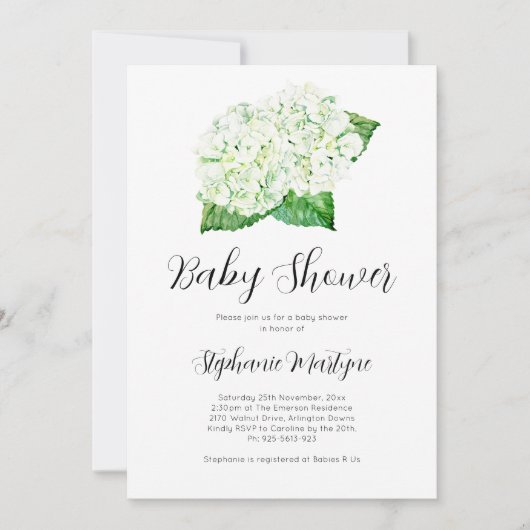 Witte Hydrangea Waterverf Botanisch Baby shower Kaart (Voorkant)
