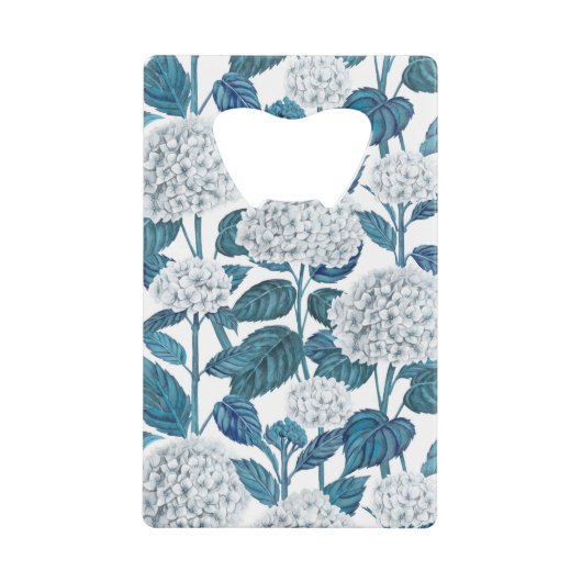 Witte hydrangea waterverf kredietkaart flessenopener (Voorkant)
