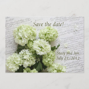 witte hydrangeas met script behalve de datum save the date