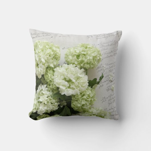 witte hydrangea's met script, kussen (Voorkant)