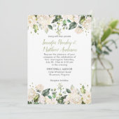 Witte Hydrangeas Rozen groen bruiloft uitnodiging (Staand voorkant)