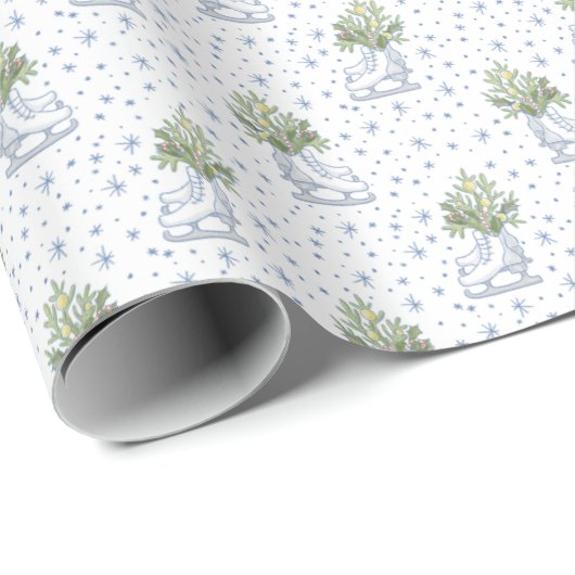 Witte Ijs Schaatsen Blauw Sneeuwvlokken Wit Kerstm Cadeaupapier (Rol Hoek)